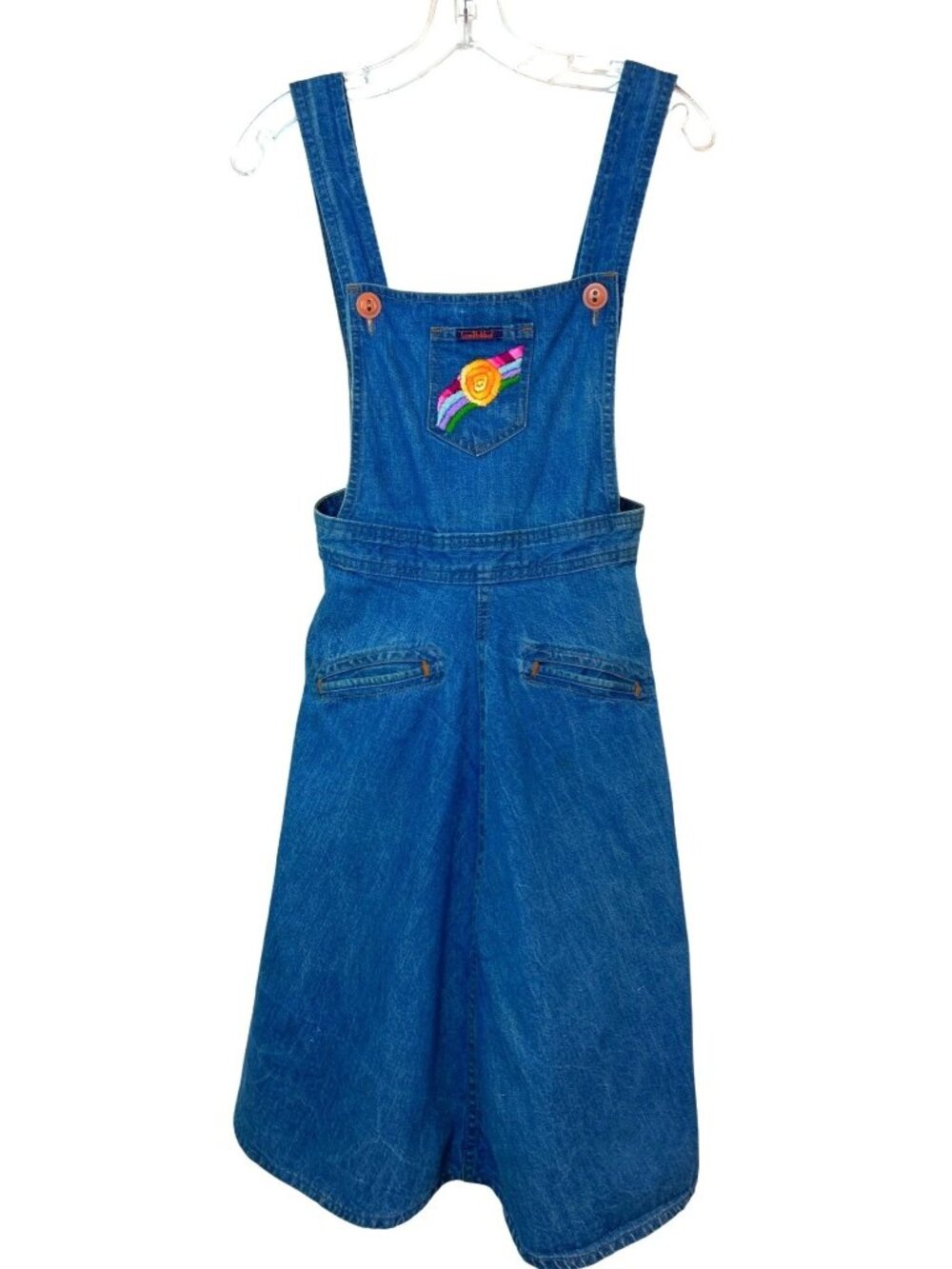 Vtg 70's Landlubber Denim Overall Pinafore Jumper Dress Rainbow Festival Boho